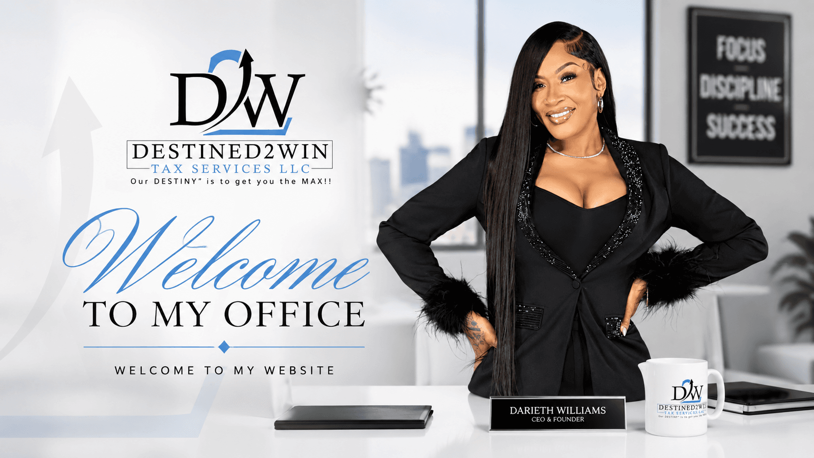 Darieth Williams, CEO and founder of Destined2Win Tax Services LLC, standing at her desk in the firm's office